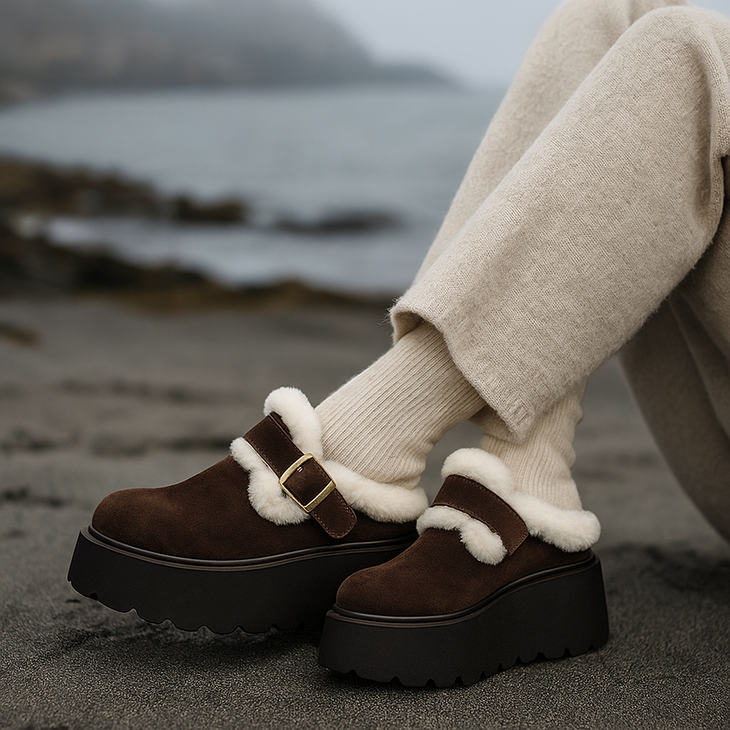 Suede Platform Clogs with Shearling Lining, Adjustable Buckle Strap and Cushioned Sole