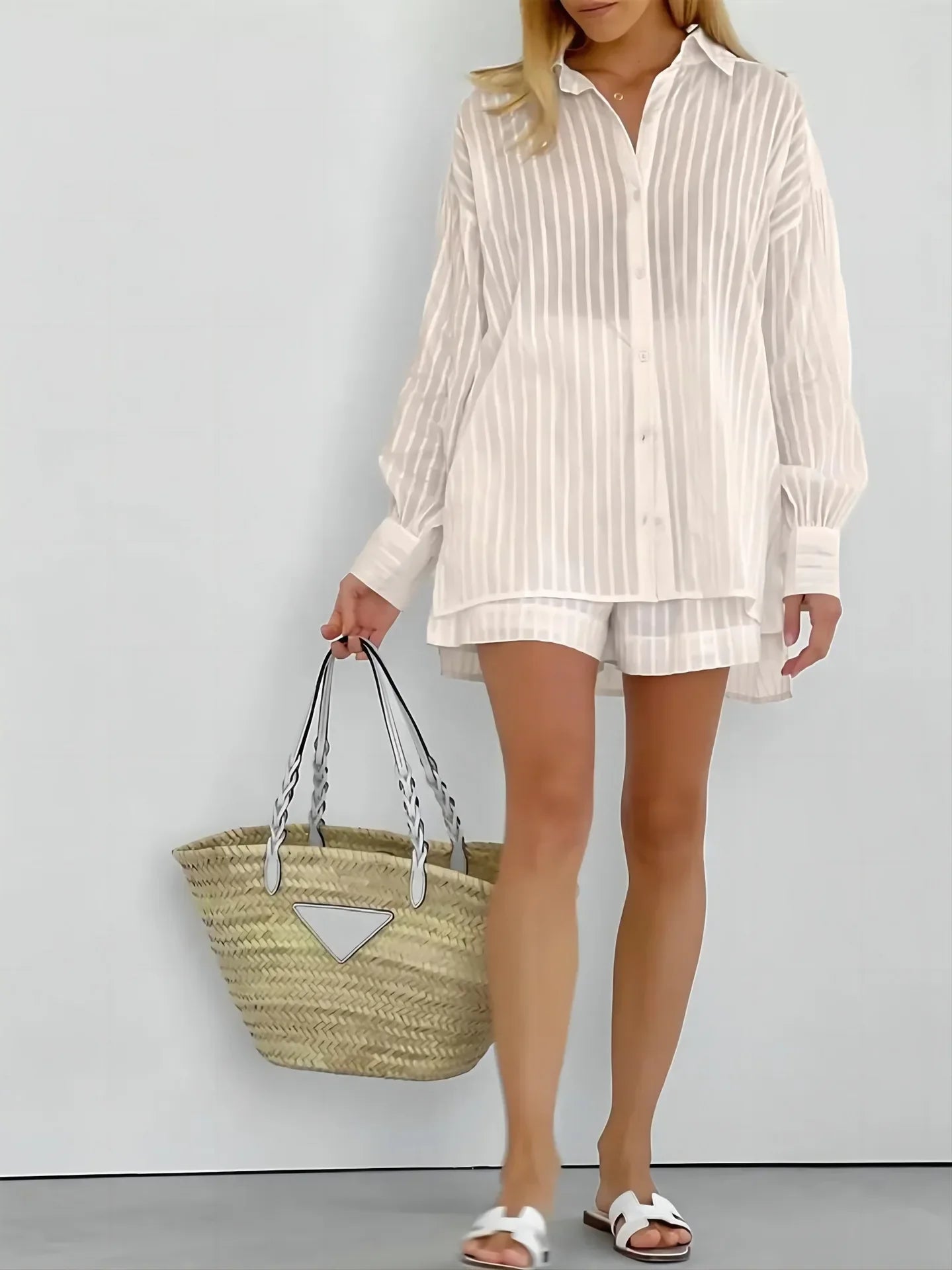 Button-Down Shirt and Shorts Set with Relaxed Oversized Fit in Lightweight Cotton-Blend Fabric