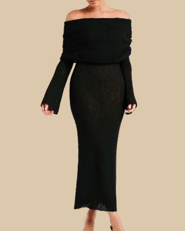 Off-Shoulder Maxi Dress in Lightweight Fabric – Big Lapel, Long Sleeve
