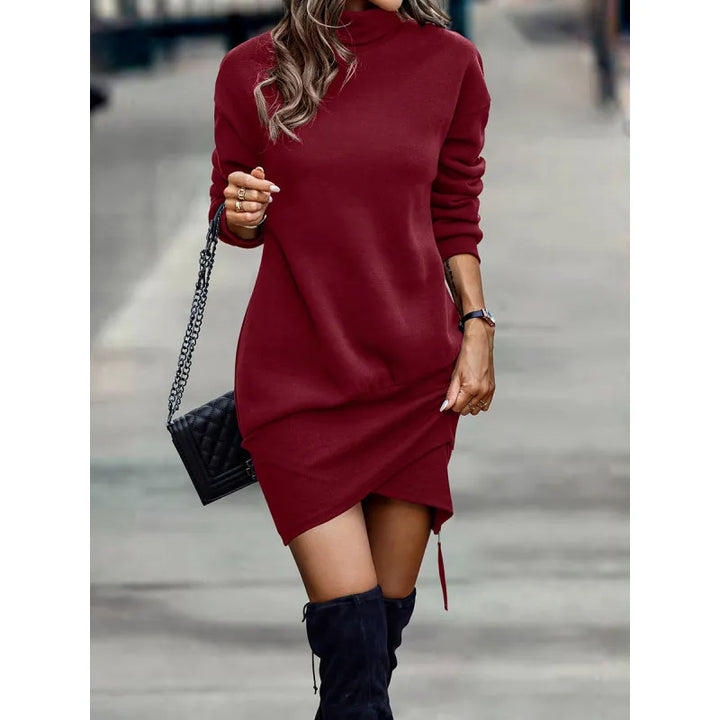 Women's High Neck Mini Dress – Long Sleeve Asymmetric Hem Zip Detail