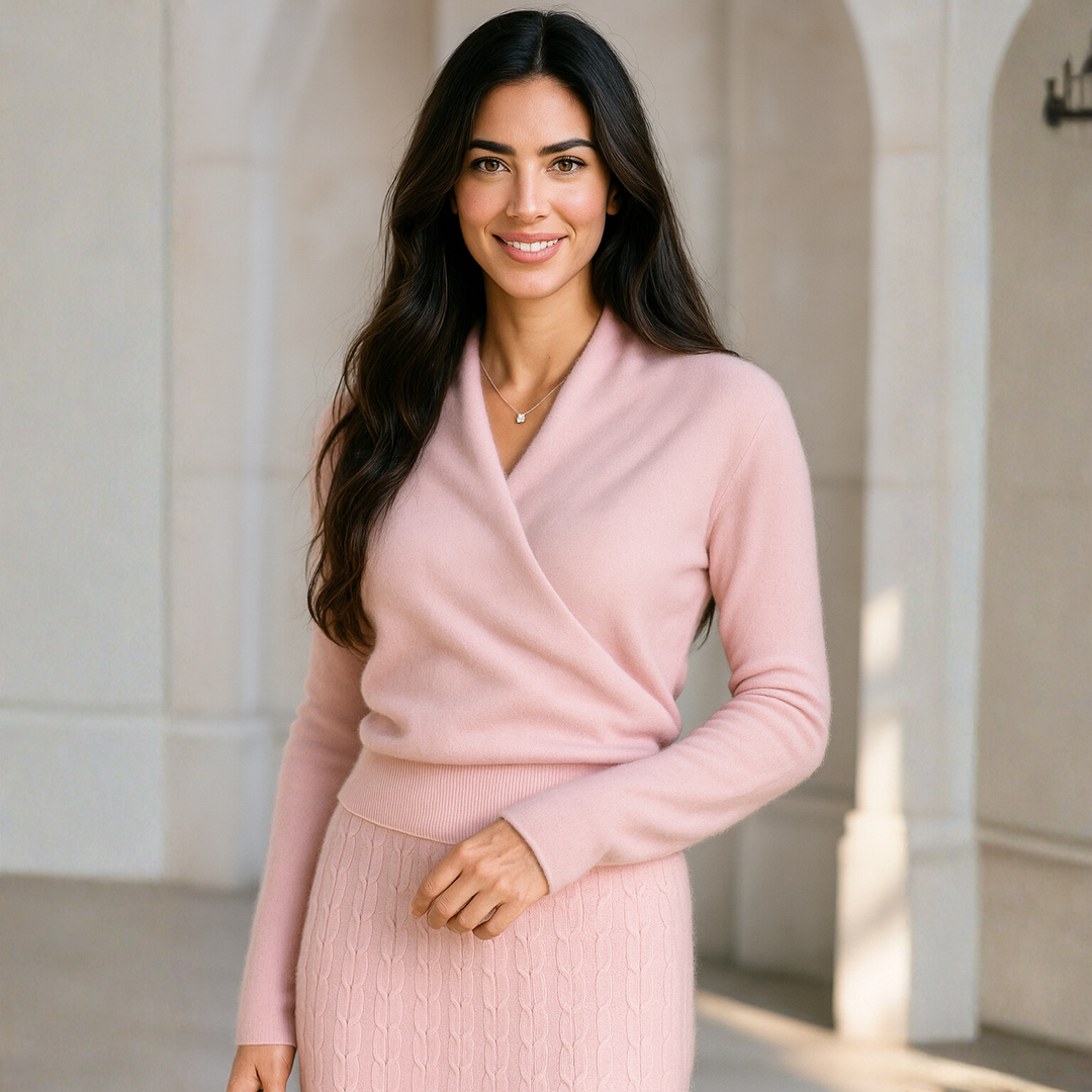 Cashmere Crossover Collar Sweater with Relaxed Standard Fit in Soft Pink