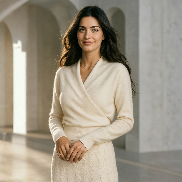 Cashmere Crossover Collar Sweater with Relaxed Standard Fit in Soft Pink