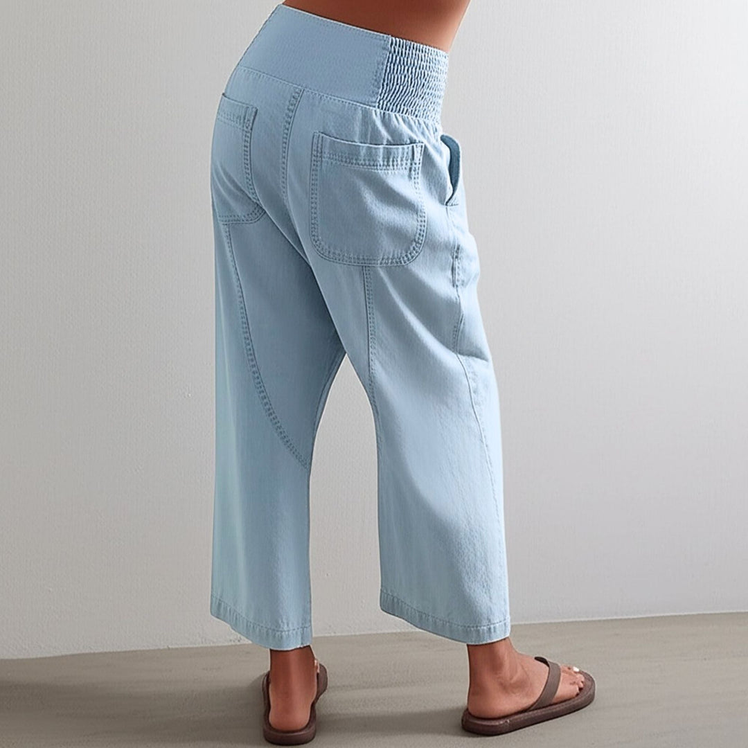 Wide Leg Harem Pants in Cotton-Linen Blend with Washed Denim Look and Curved Seam Design