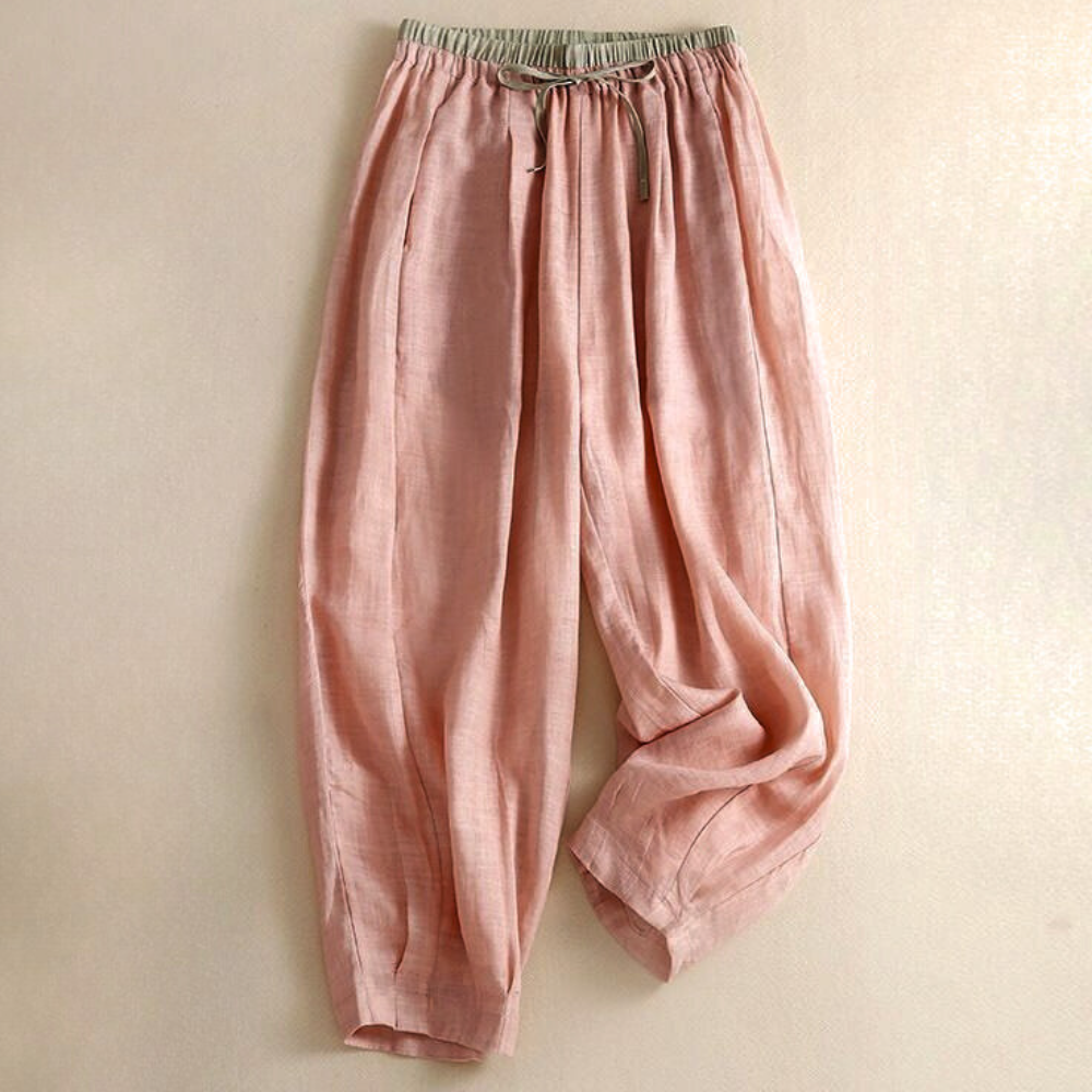 Linen Trousers in Soft Pink with High-Stretch Waist and Relaxed Tapered Fit