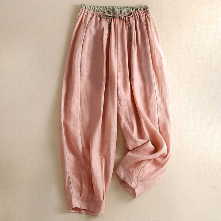 Linen Trousers in Soft Pink with High-Stretch Waist and Relaxed Tapered Fit