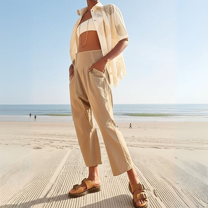 Wide Leg Harem Pants in Cotton-Linen Blend with Washed Denim Look and Curved Seam Design