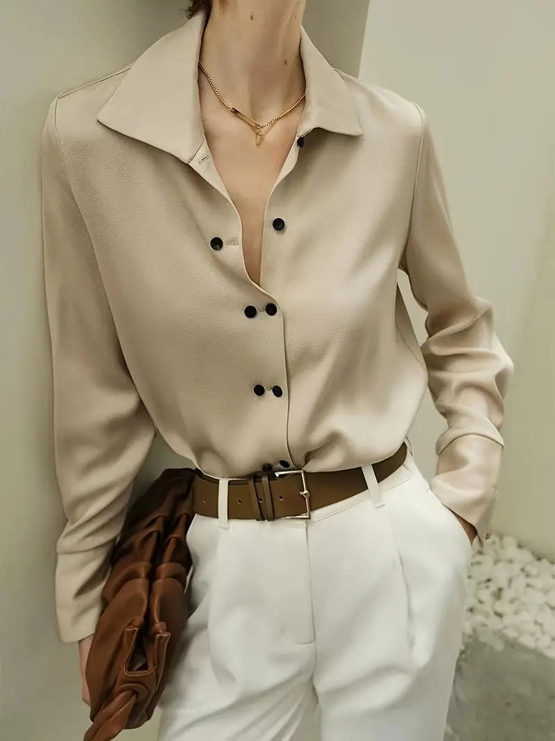 Blouse with Asymmetrical Button Design in Soft, Fluid Fabric and a Subtle Satin-Like Sheen