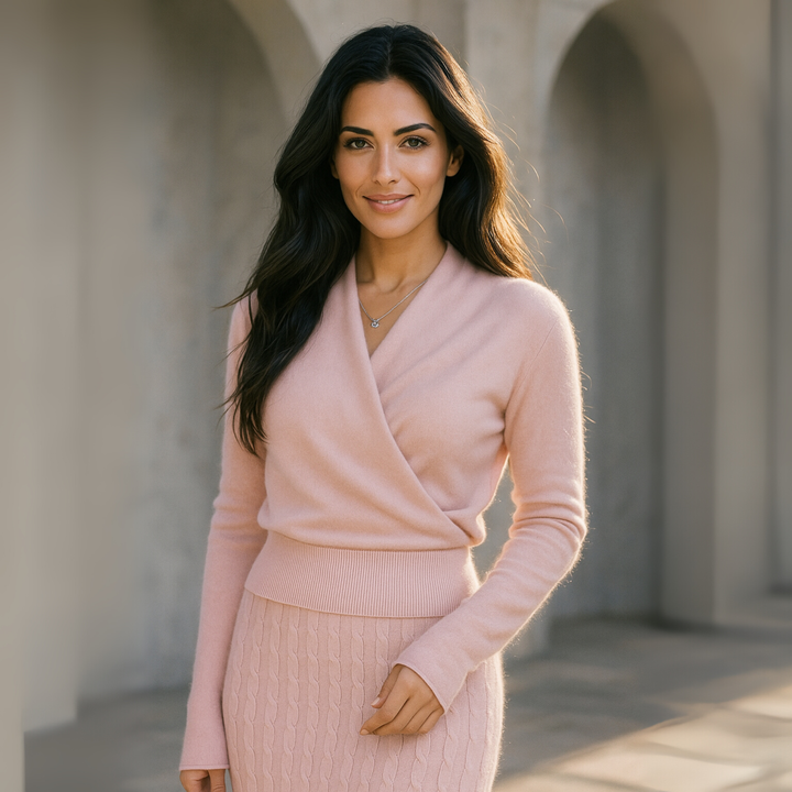 Cashmere Crossover Collar Sweater with Relaxed Standard Fit in Soft Pink