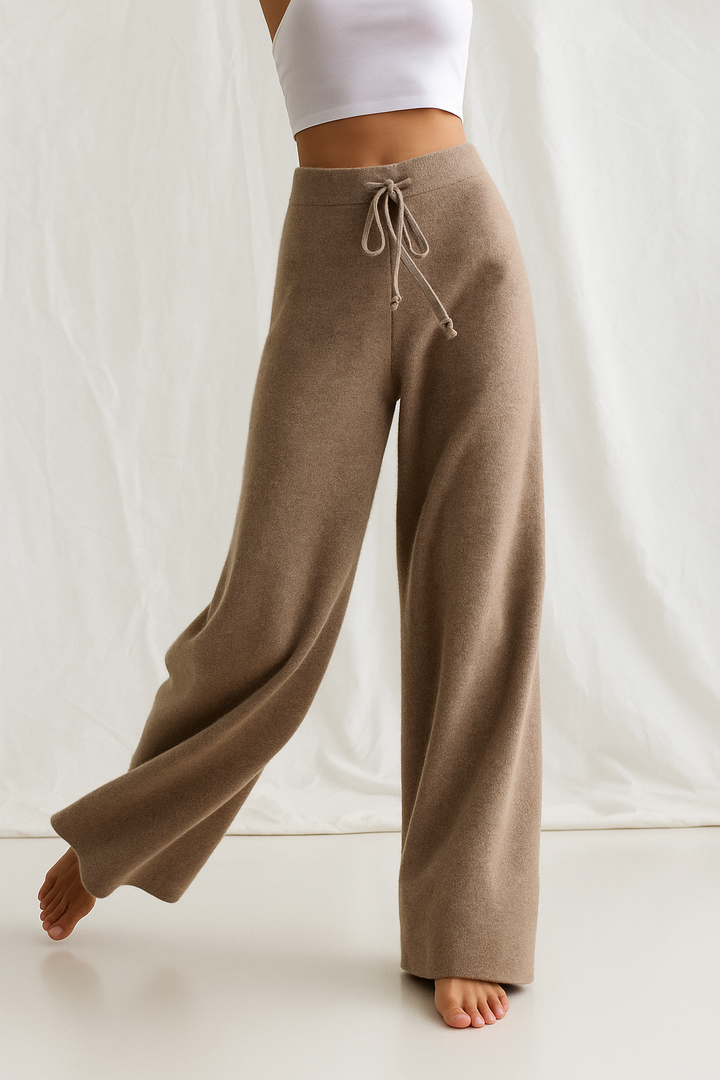 Sweatpants in Cashmere Wool Blend with Adjustable High-Rise Elastic Waist, Khaki