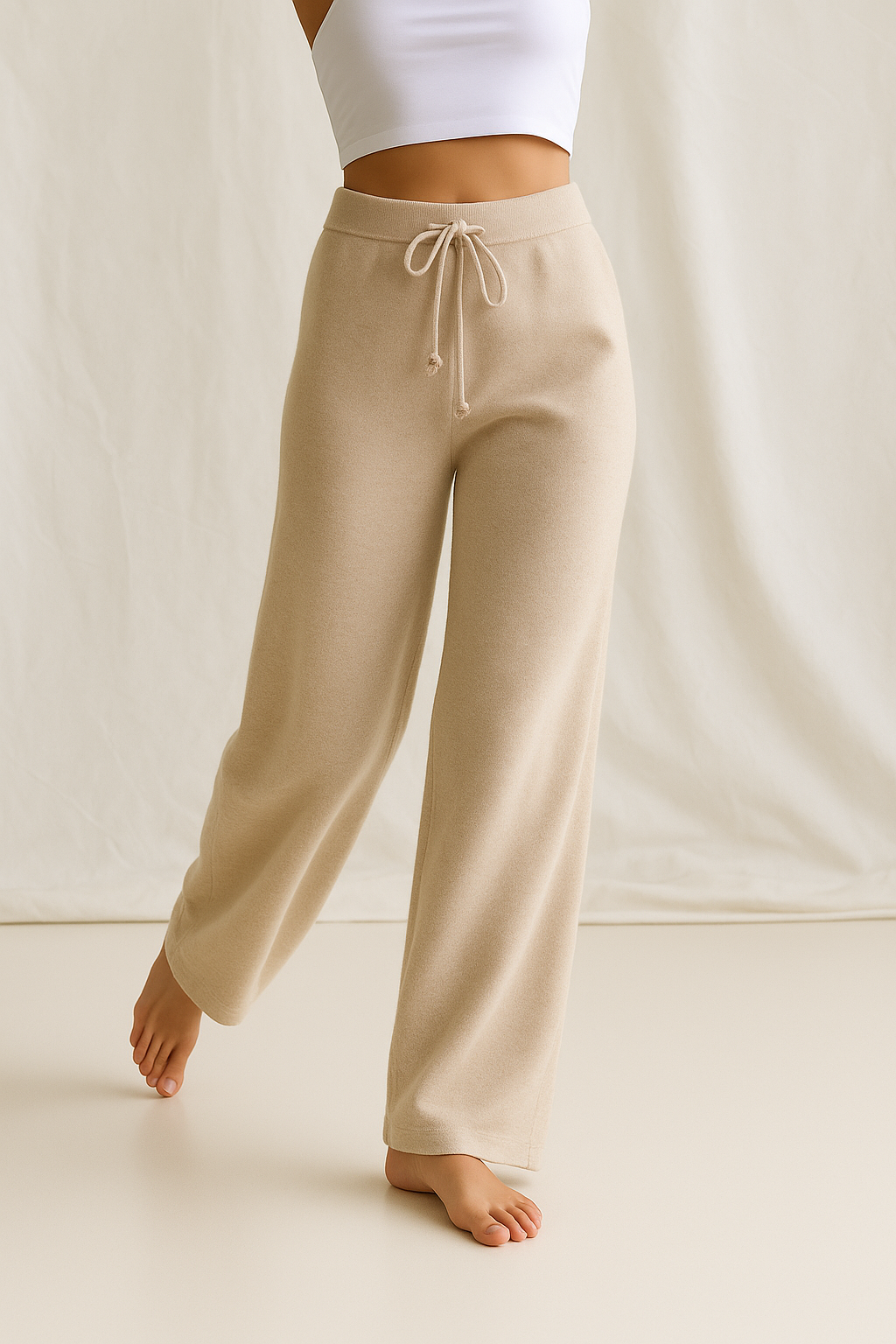 Sweatpants in Cashmere Wool Blend with Adjustable High-Rise Elastic Waist, Khaki