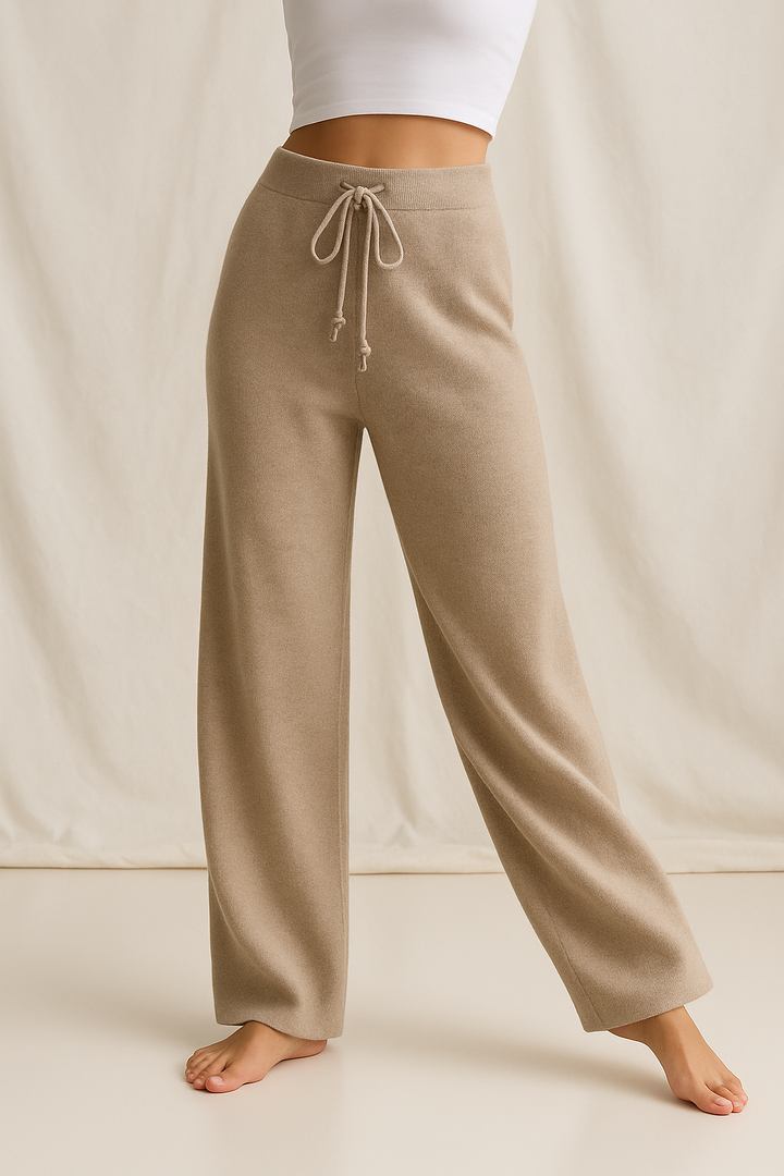 Sweatpants in Cashmere Wool Blend with Adjustable High-Rise Elastic Waist, Khaki