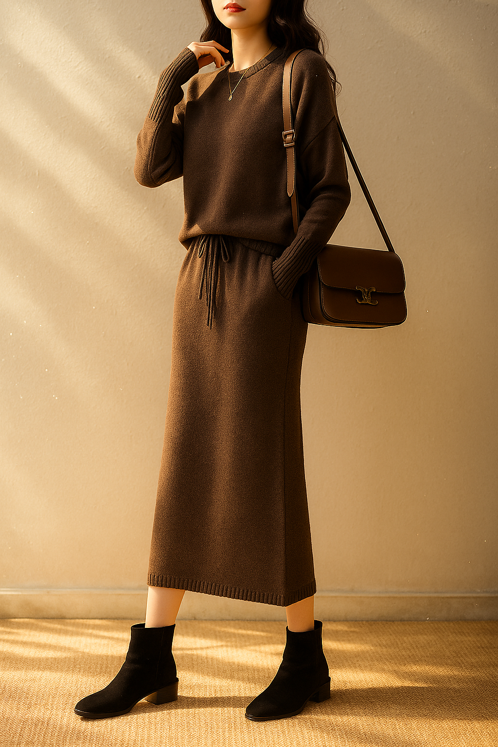 Knit Sweater and Skirt Two-Piece Set with Relaxed Pullover Fit and Ribbed Texture in Khaki