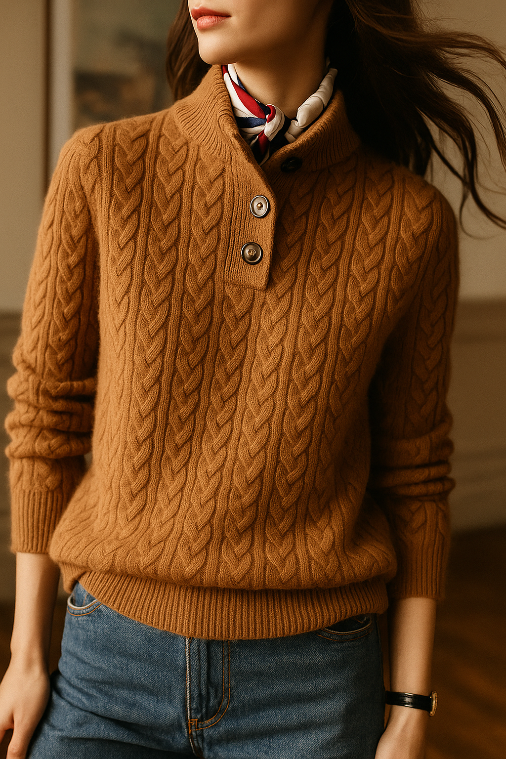 Cable-Knit Sweater with Cashmere Blend, Button-Up Stand Collar and Snug Fit