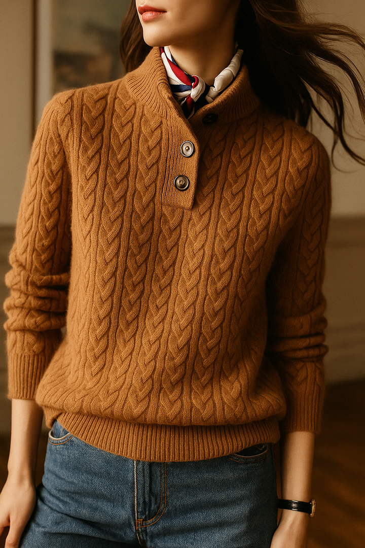Cable-Knit Sweater with Cashmere Blend, Button-Up Stand Collar and Snug Fit