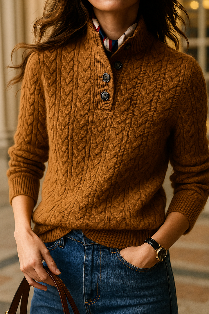 Cable-Knit Sweater with Cashmere Blend, Button-Up Stand Collar and Snug Fit