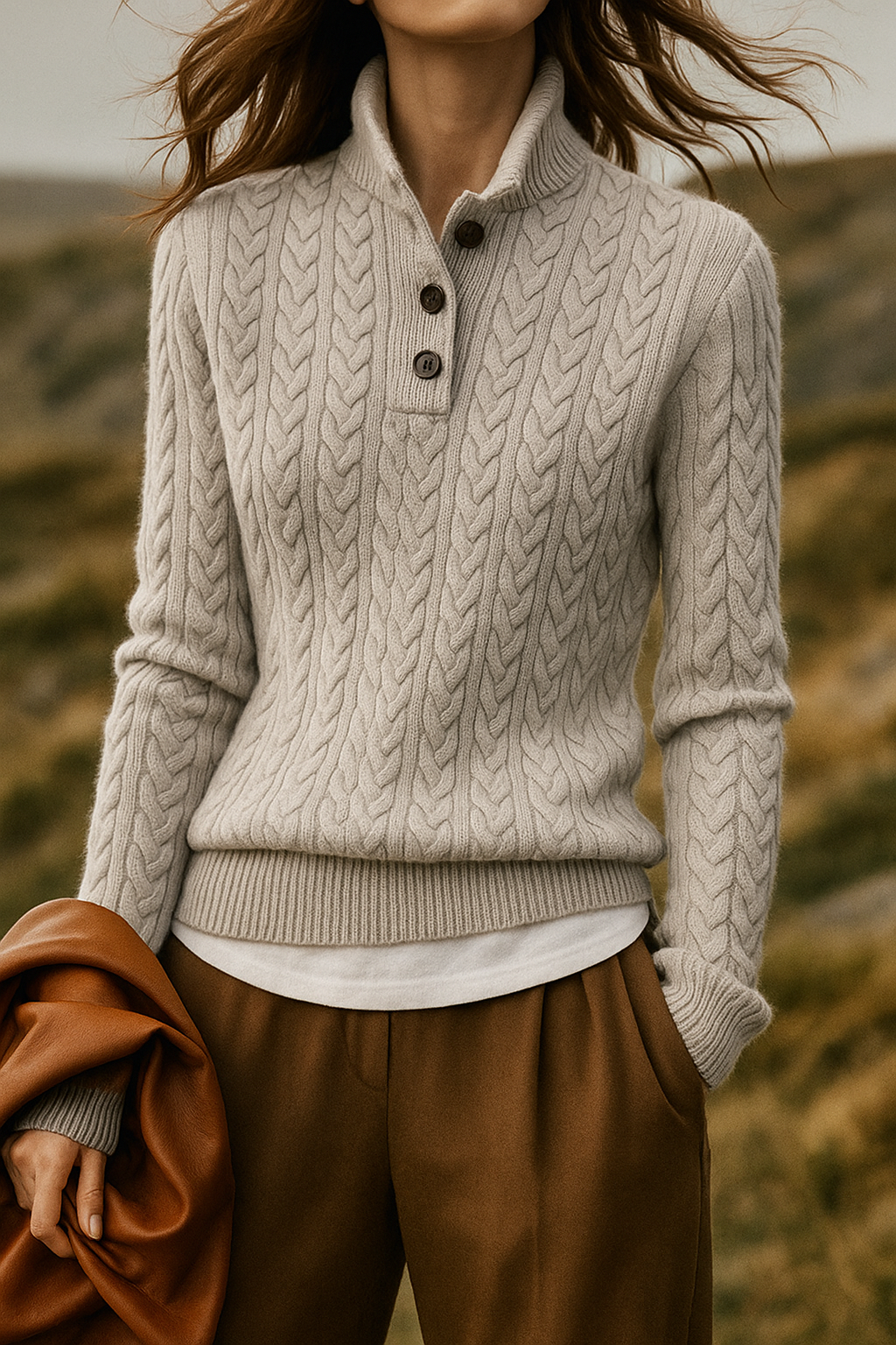 Cable-Knit Sweater with Cashmere Blend, Button-Up Stand Collar and Snug Fit