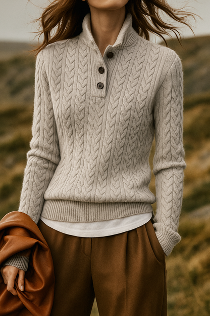 Cable-Knit Sweater with Cashmere Blend, Button-Up Stand Collar and Snug Fit
