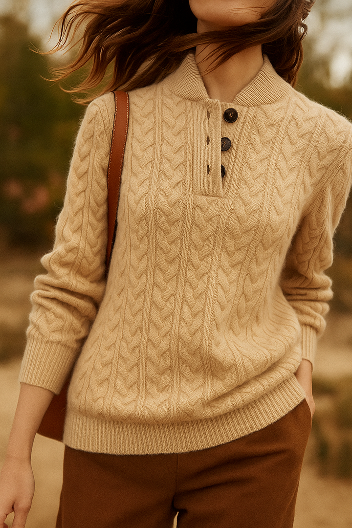 Cable-Knit Sweater with Cashmere Blend, Button-Up Stand Collar and Snug Fit