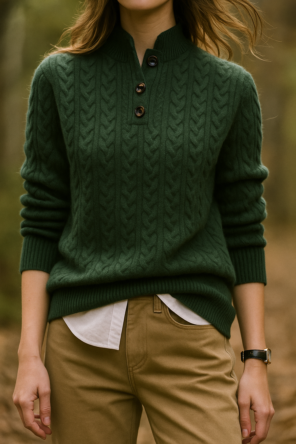Cable-Knit Sweater with Cashmere Blend, Button-Up Stand Collar and Snug Fit