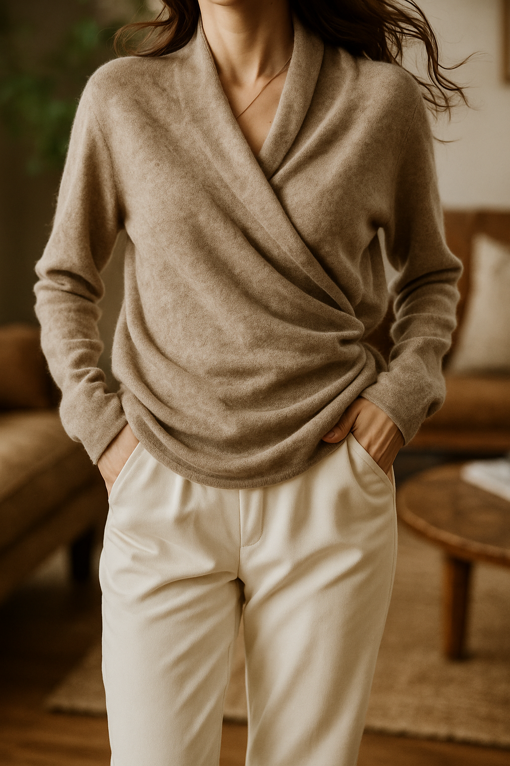 V-Neck Wrap Sweater in Soft Cashmere Knit with Relaxed Minimalist Fit for Effortless Layering