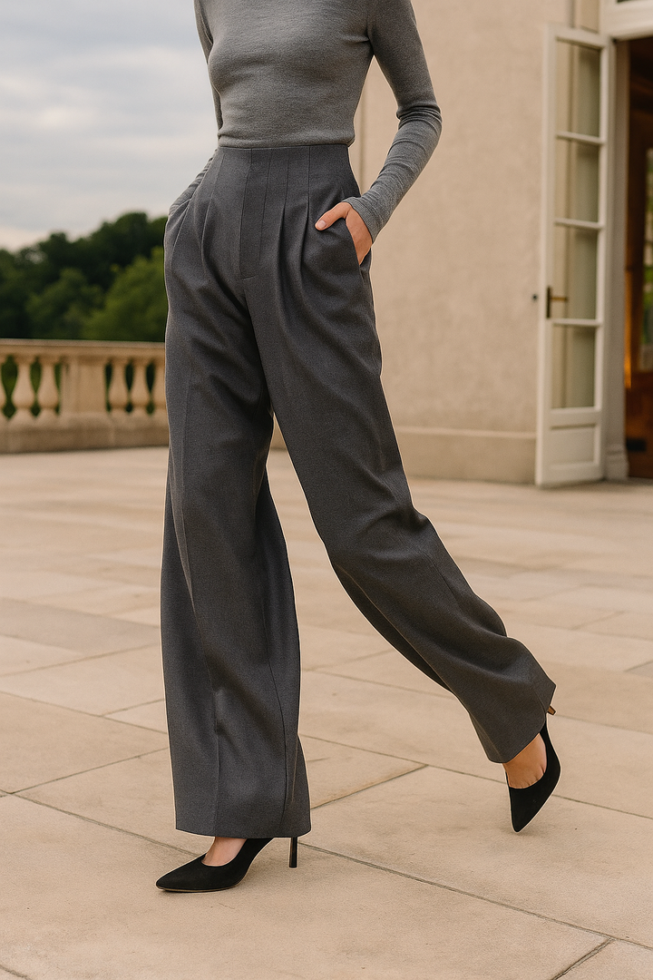 Wide Leg Draped Pants in Soft 100% Cotton with High-Waisted Elastic Fit and Tailored Silhouette