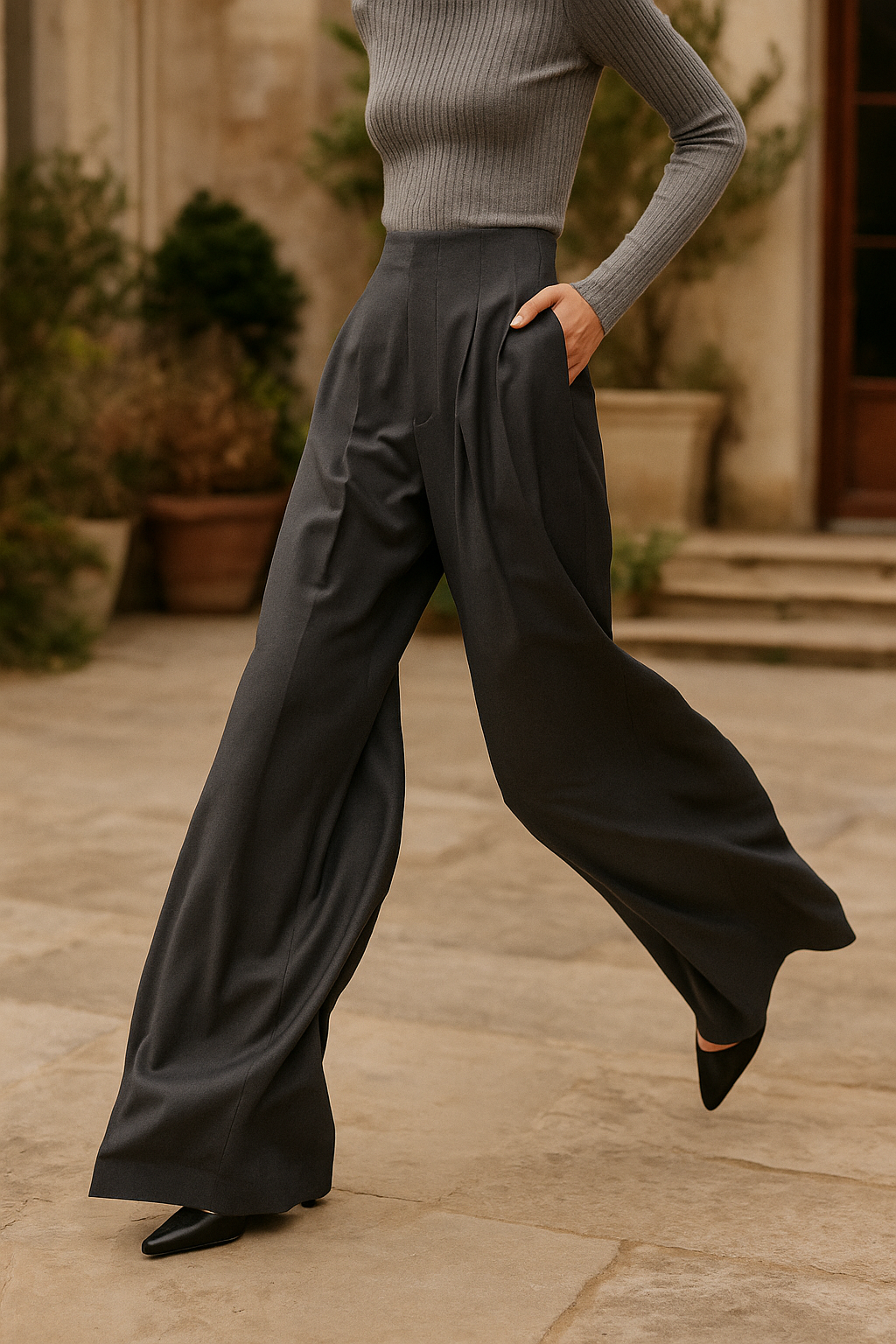 Wide Leg Draped Pants in Soft 100% Cotton with High-Waisted Elastic Fit and Tailored Silhouette