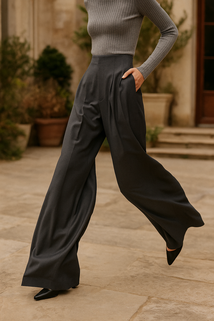 Wide Leg Draped Pants in Soft 100% Cotton with High-Waisted Elastic Fit and Tailored Silhouette