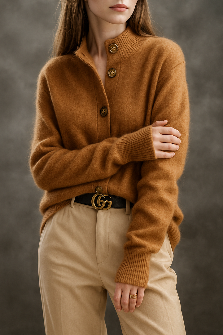 Cardigan in Cashmere Wool Blend with Statement Buttons and Flattering Half-High Neckline