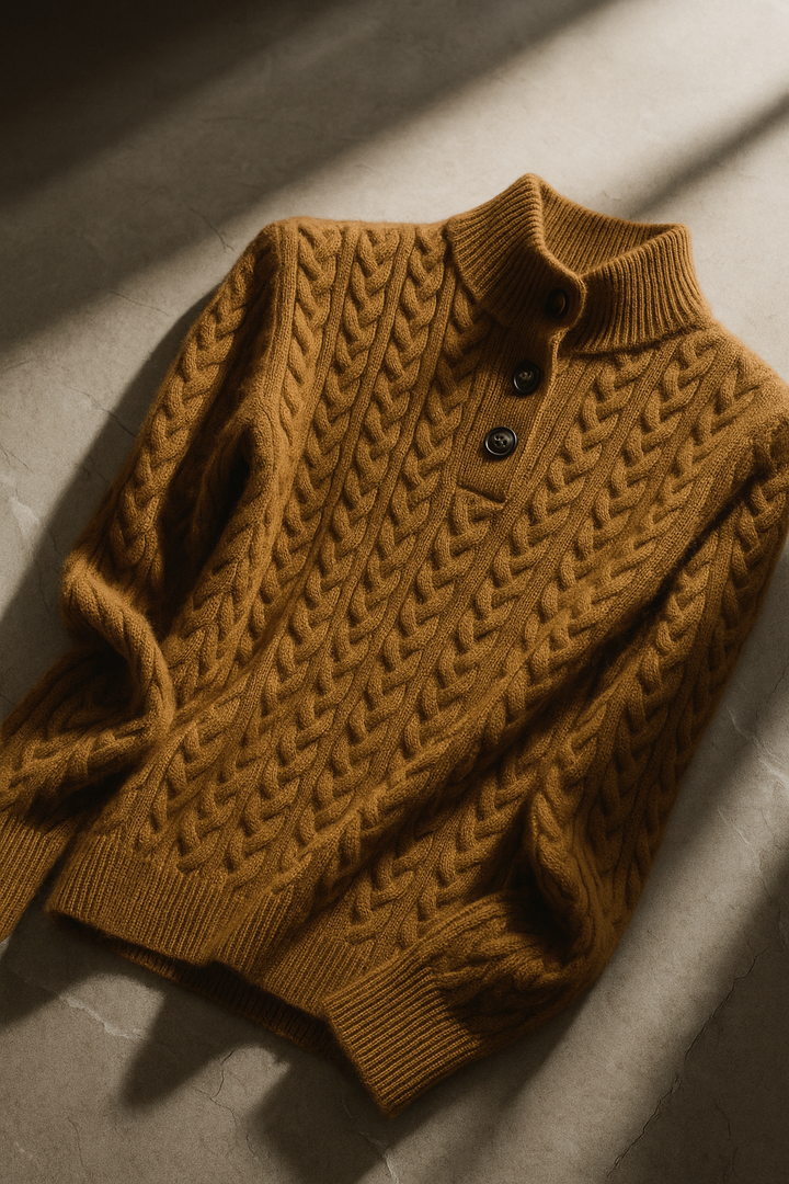 Cable-Knit Sweater with Cashmere Blend, Button-Up Stand Collar and Snug Fit