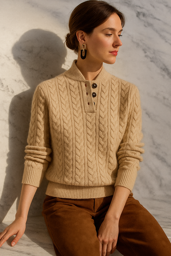 Cable-Knit Sweater with Cashmere Blend, Button-Up Stand Collar and Snug Fit