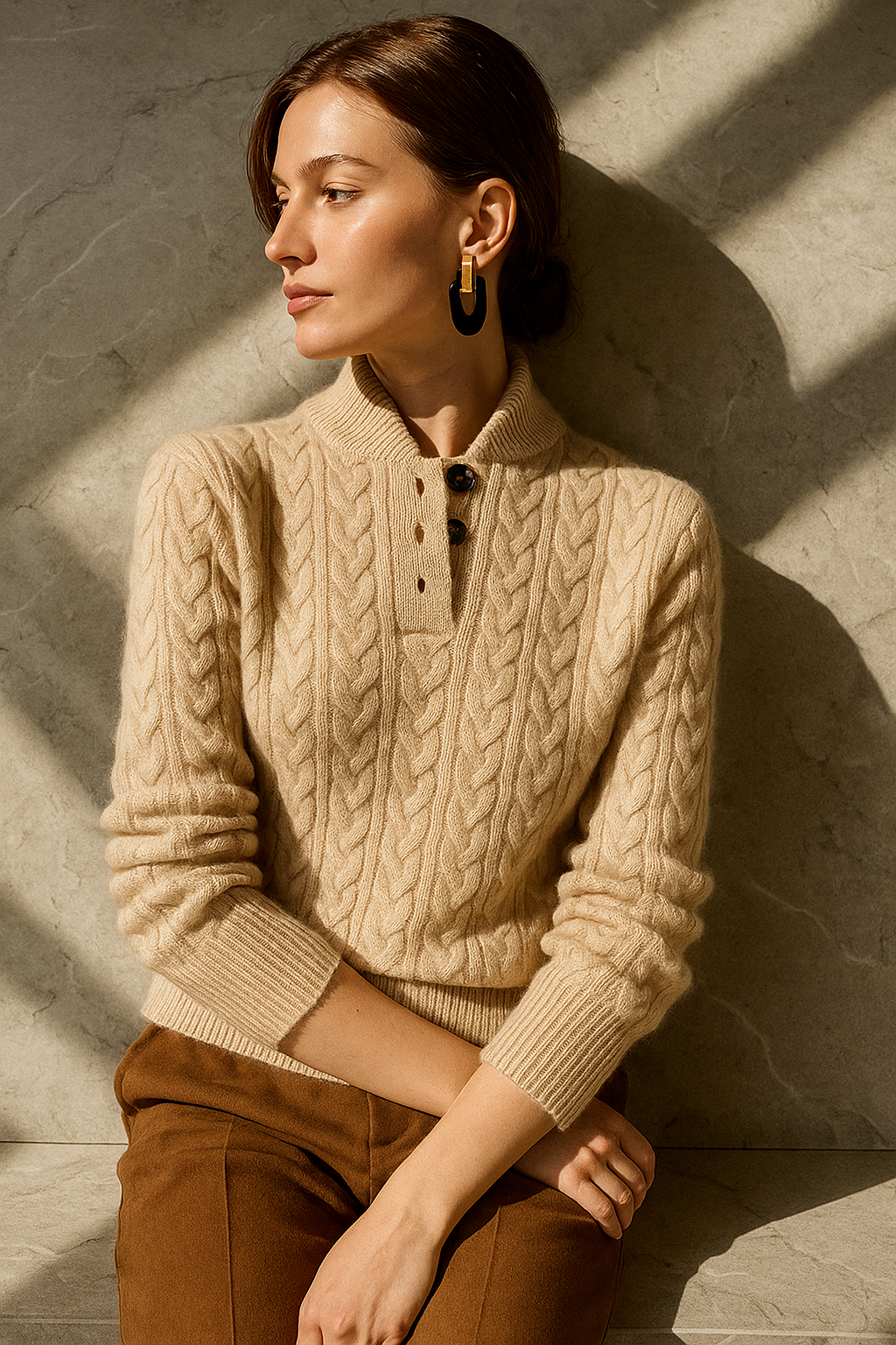 Cable-Knit Sweater with Cashmere Blend, Button-Up Stand Collar and Snug Fit
