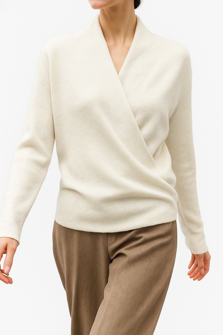 V-Neck Wrap Sweater in Soft Cashmere Knit with Relaxed Minimalist Fit for Effortless Layering