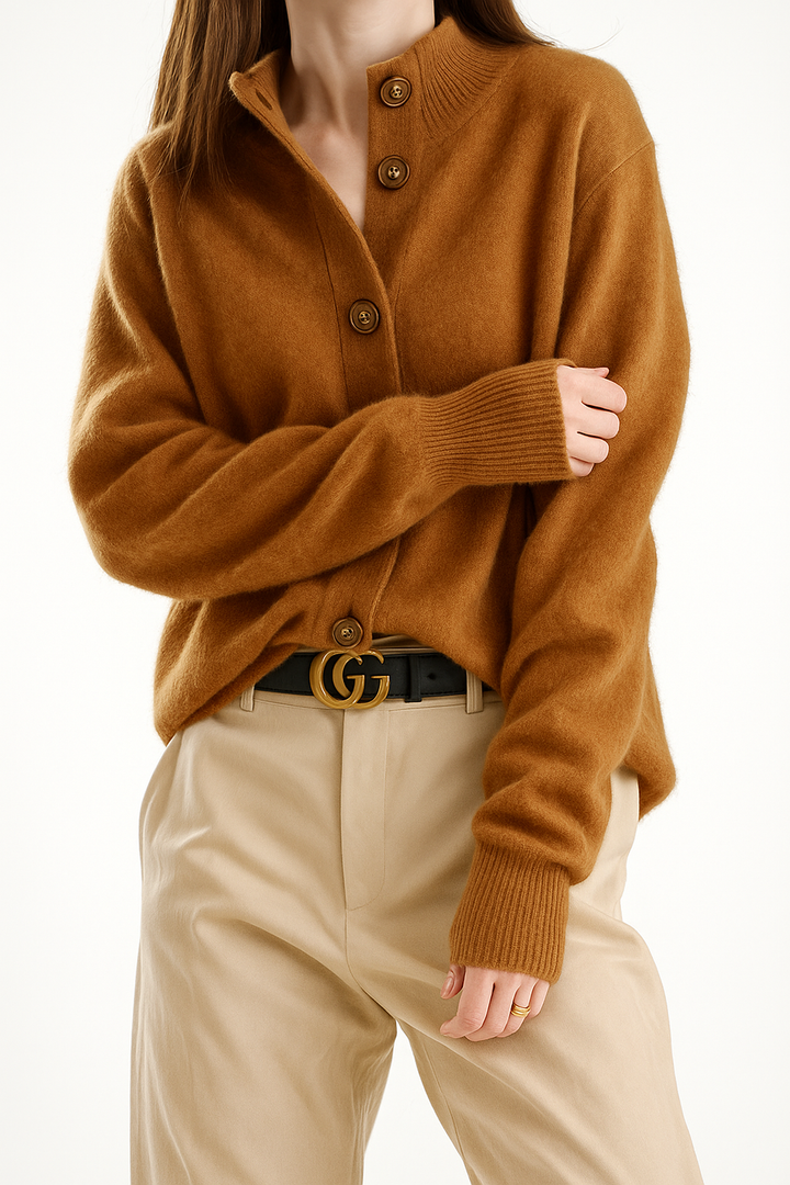 Cardigan in Cashmere Wool Blend with Statement Buttons and Flattering Half-High Neckline