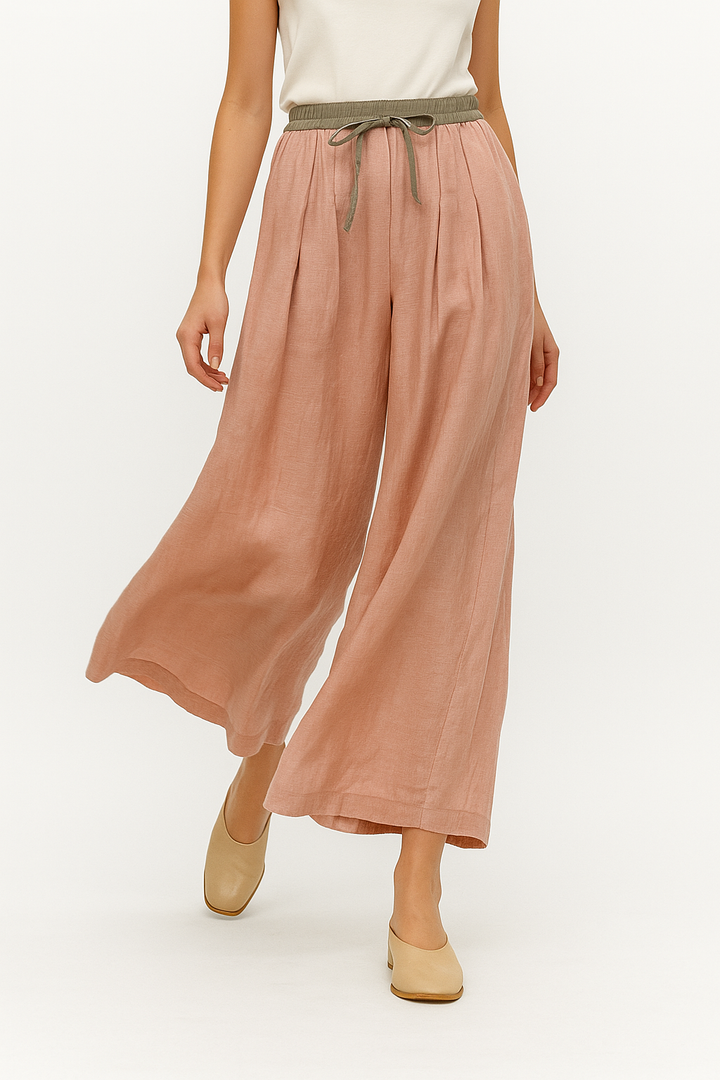Linen Trousers in Soft Pink with High-Stretch Waist and Relaxed Tapered Fit