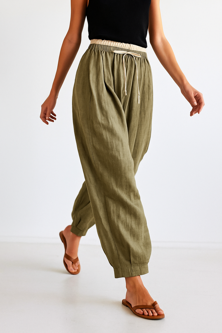 Linen Trousers in Soft Pink with High-Stretch Waist and Relaxed Tapered Fit