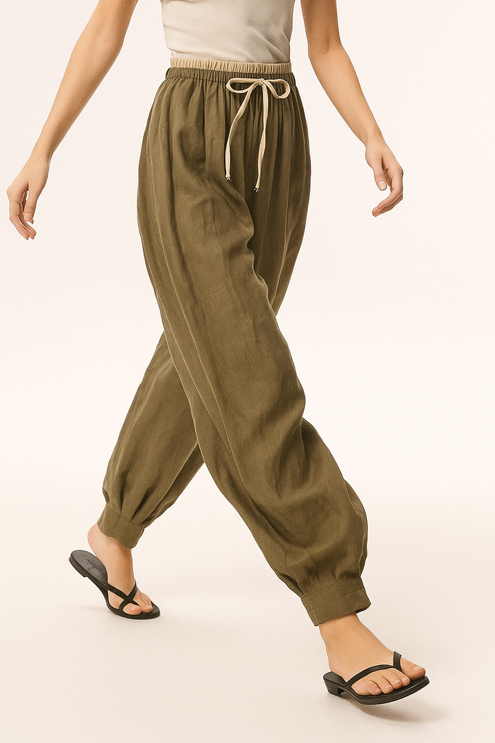 Linen Trousers in Soft Pink with High-Stretch Waist and Relaxed Tapered Fit