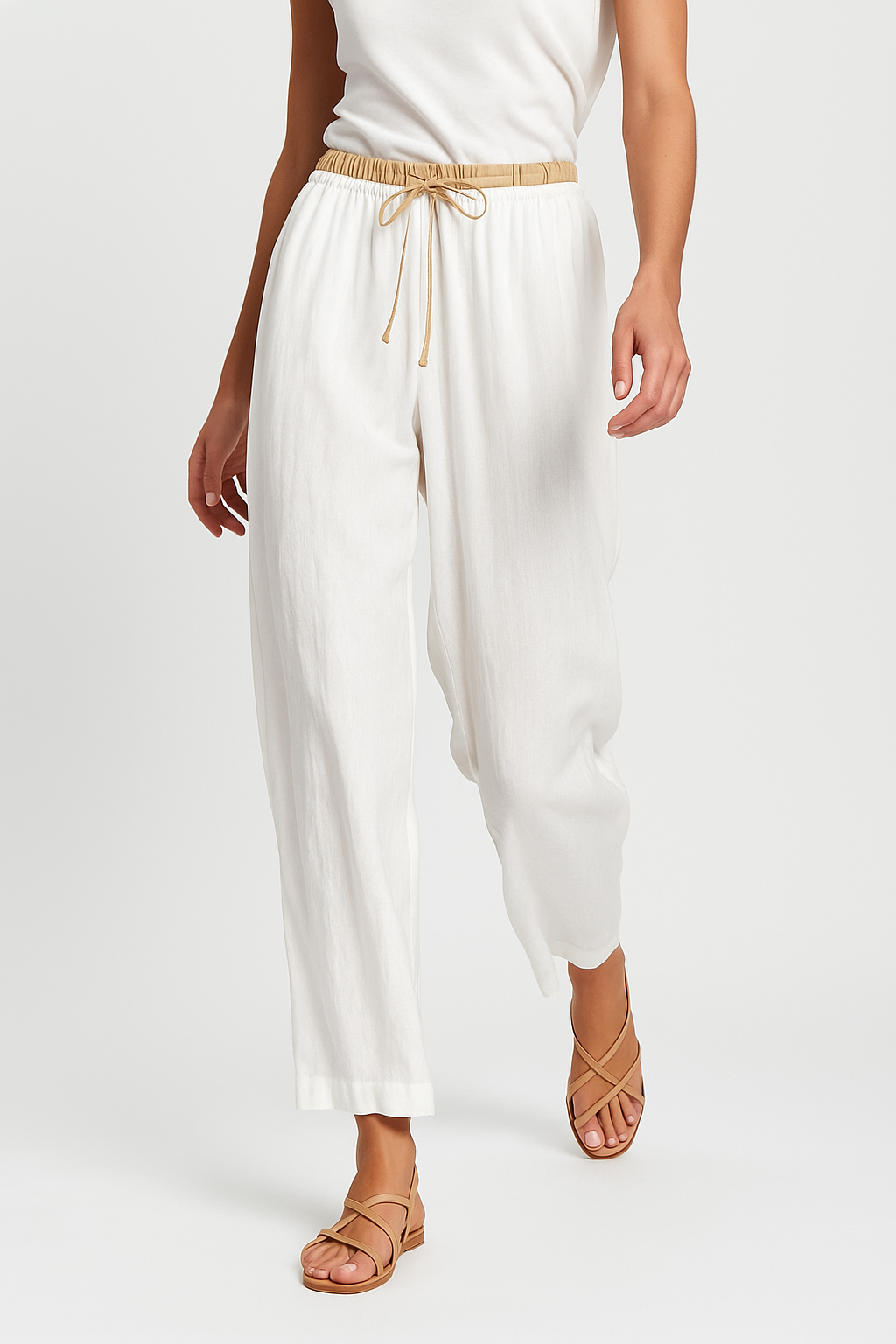 Linen Trousers in Soft Pink with High-Stretch Waist and Relaxed Tapered Fit