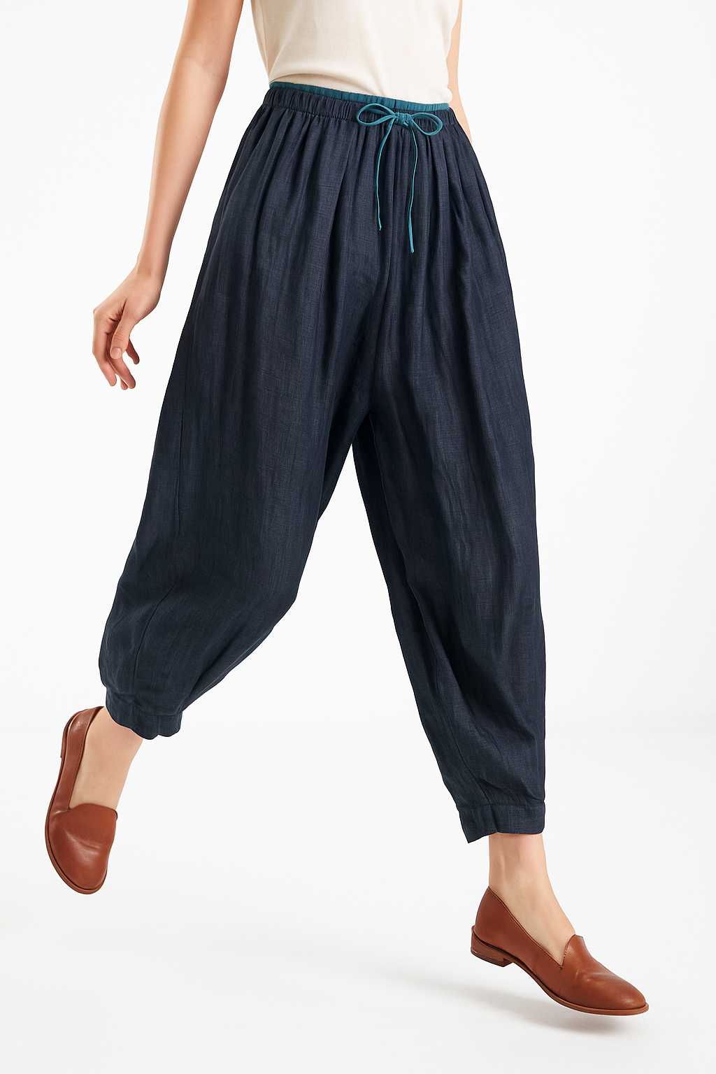 Linen Trousers in Soft Pink with High-Stretch Waist and Relaxed Tapered Fit