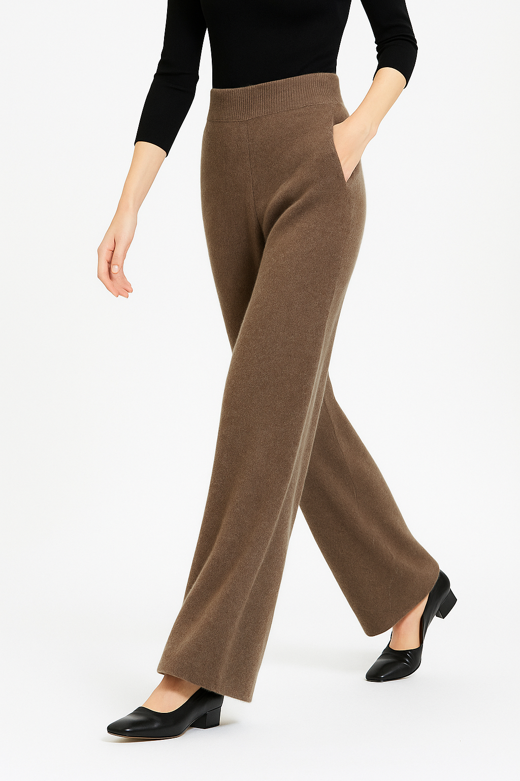 Sweatpants, High-Waist Wide-Leg Style in Soft Cashmere Blend Fabric with Elastic Waist