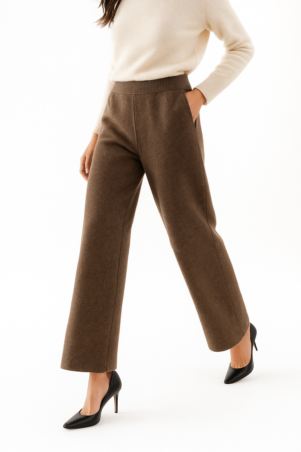 Sweatpants, High-Waist Wide-Leg Style in Soft Cashmere Blend Fabric with Elastic Waist