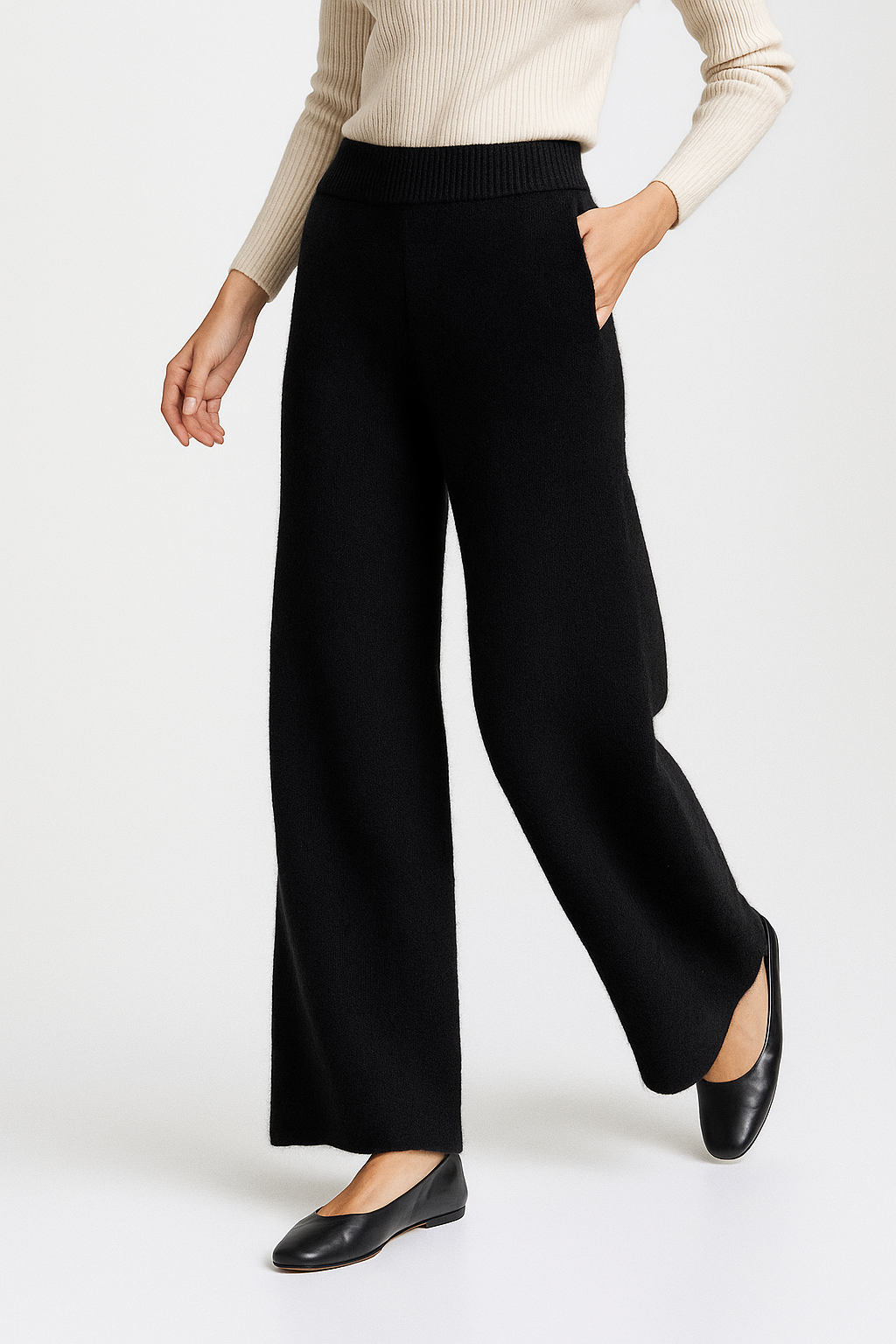 Sweatpants, High-Waist Wide-Leg Style in Soft Cashmere Blend Fabric with Elastic Waist
