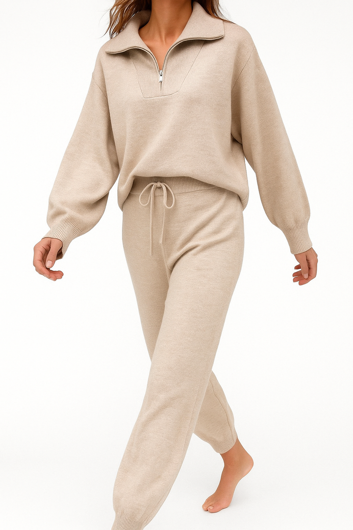 Half-Zip Knit Two-Piece Lounge Set with Elastic-Waist Pants and Soft Ribbed Texture in Peach