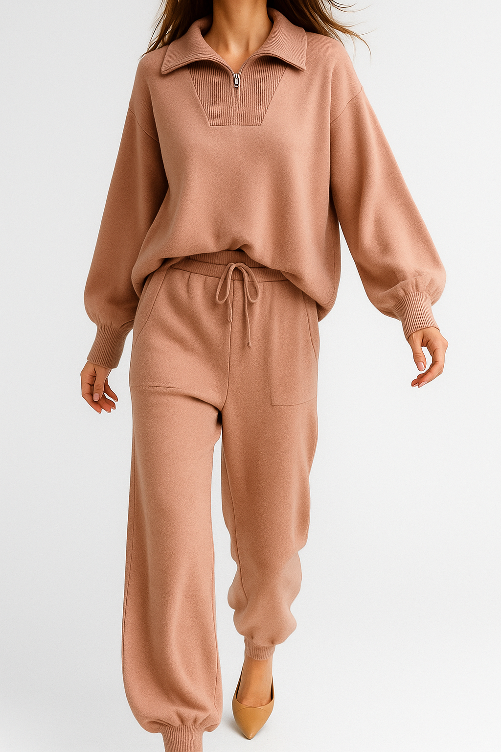 Half-Zip Knit Two-Piece Lounge Set with Elastic-Waist Pants and Soft Ribbed Texture in Peach