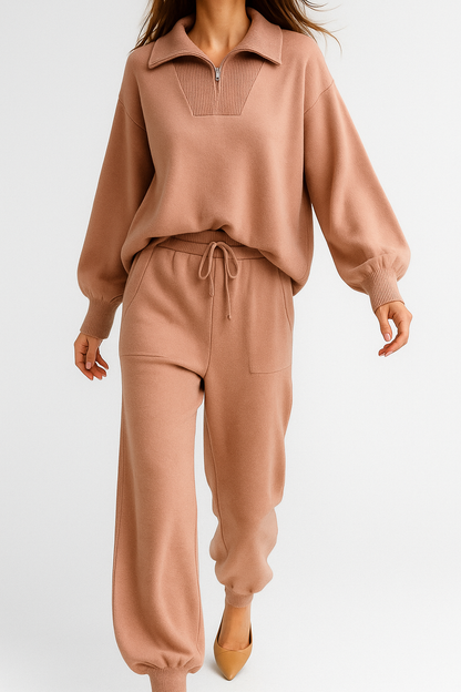 Half-Zip Knit Two-Piece Lounge Set with Elastic-Waist Pants and Soft Ribbed Texture in Peach