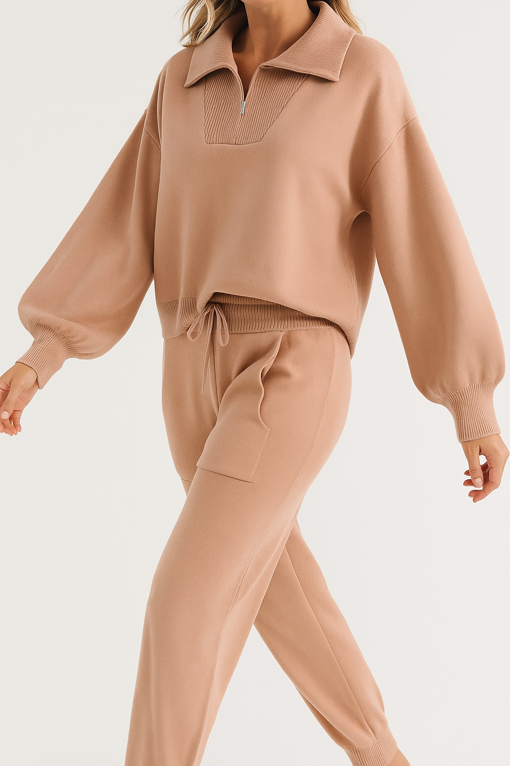 Half-Zip Knit Two-Piece Lounge Set with Elastic-Waist Pants and Soft Ribbed Texture in Peach