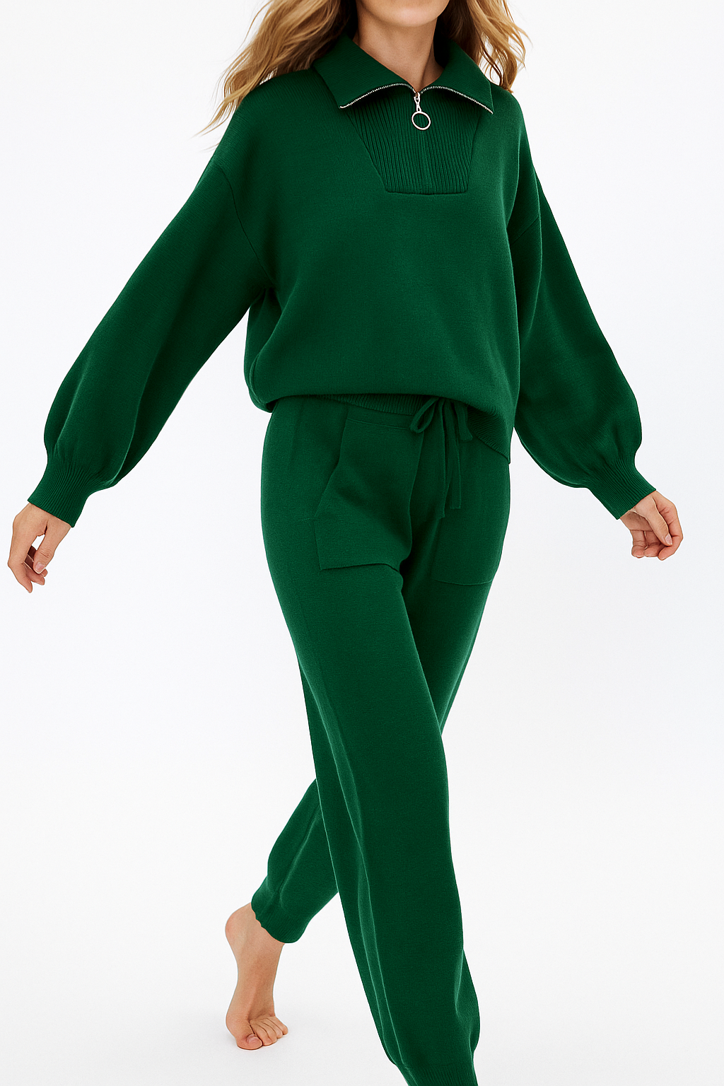 Half-Zip Knit Two-Piece Lounge Set with Elastic-Waist Pants and Soft Ribbed Texture in Peach