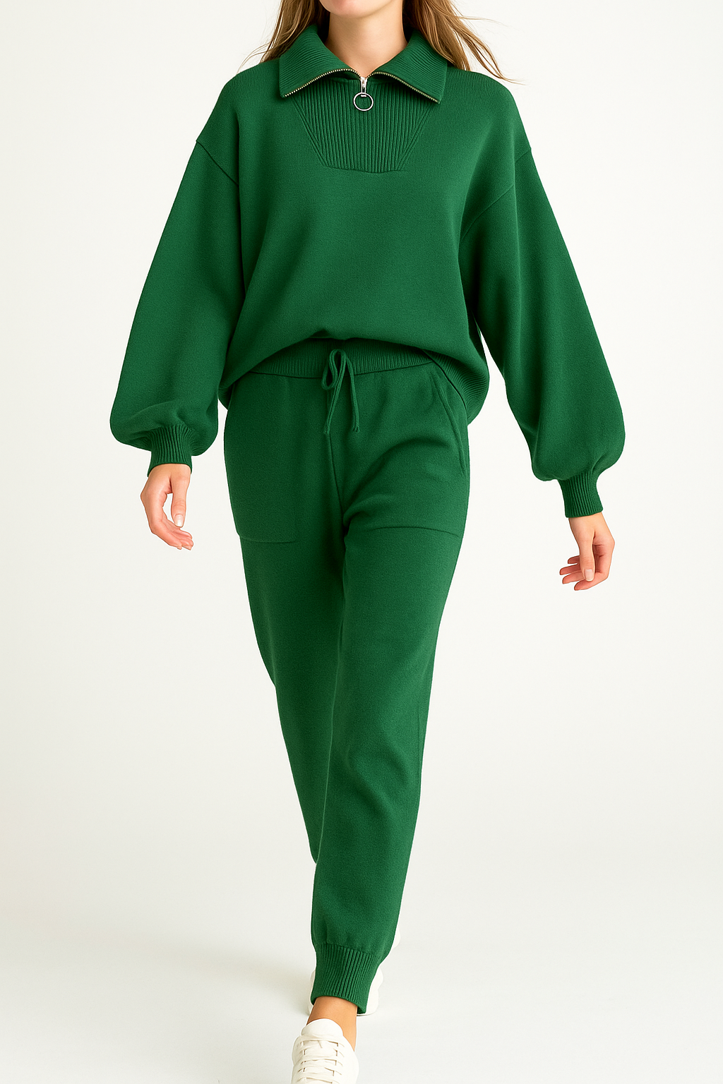 Half-Zip Knit Two-Piece Lounge Set with Elastic-Waist Pants and Soft Ribbed Texture in Peach