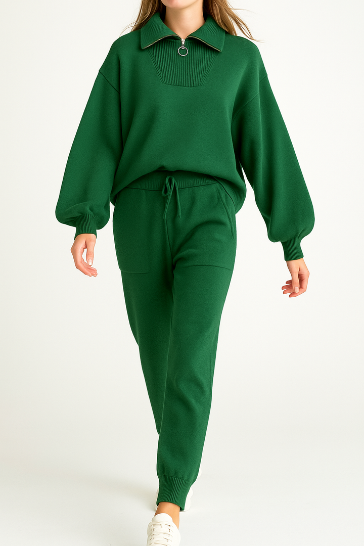 Half-Zip Knit Two-Piece Lounge Set with Elastic-Waist Pants and Soft Ribbed Texture in Peach