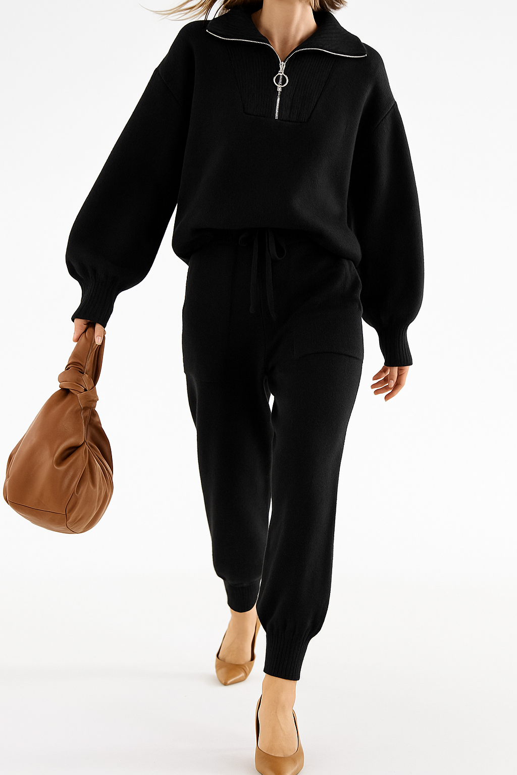 Half-Zip Knit Two-Piece Lounge Set with Elastic-Waist Pants and Soft Ribbed Texture in Peach