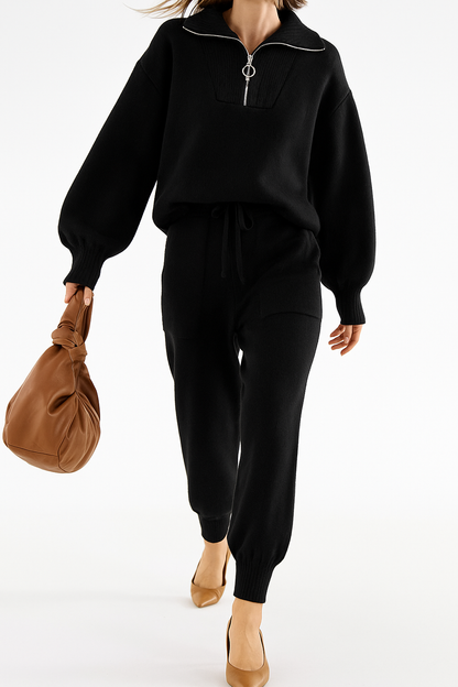 Half-Zip Knit Two-Piece Lounge Set with Elastic-Waist Pants and Soft Ribbed Texture in Peach